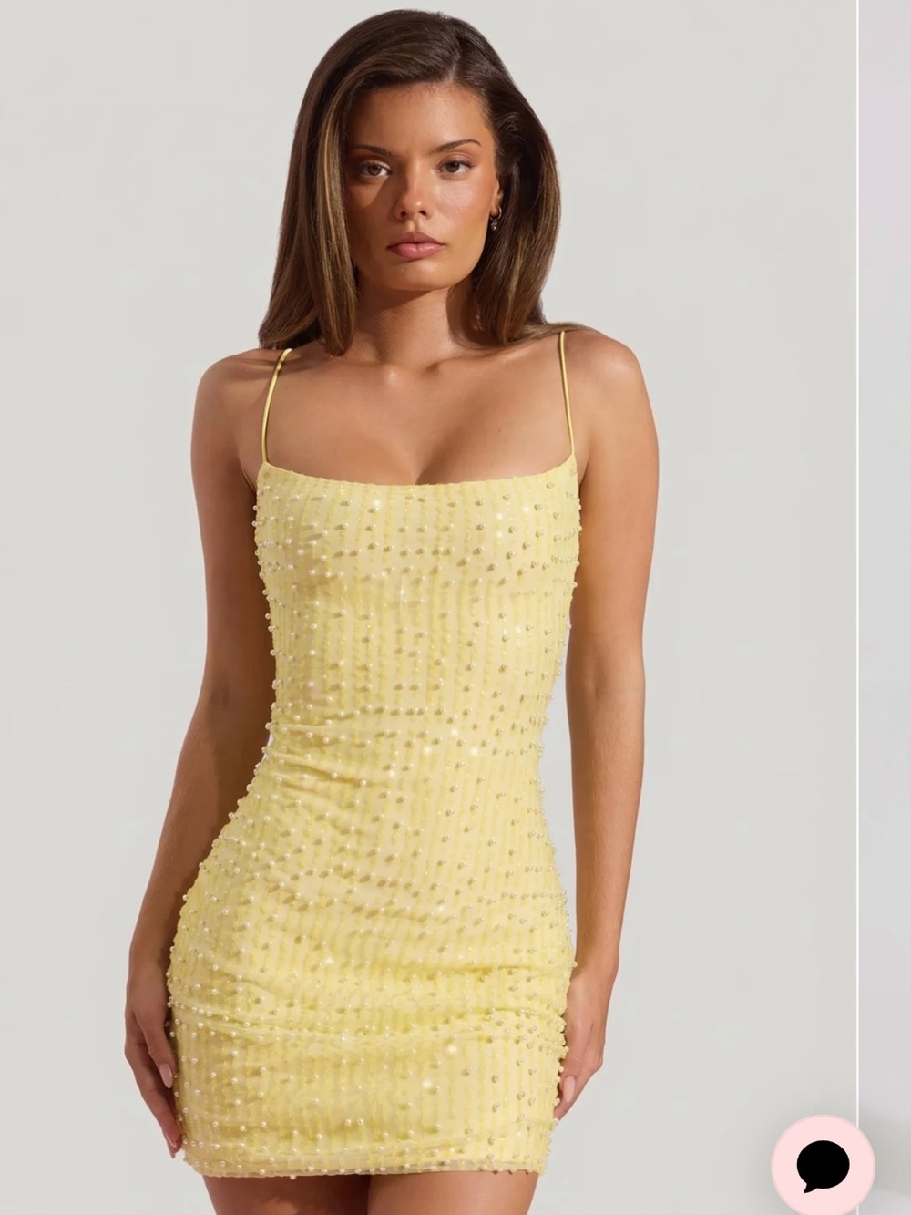 Oh Polly Yellow Beaded Spaghetti-Strap Mini Dress